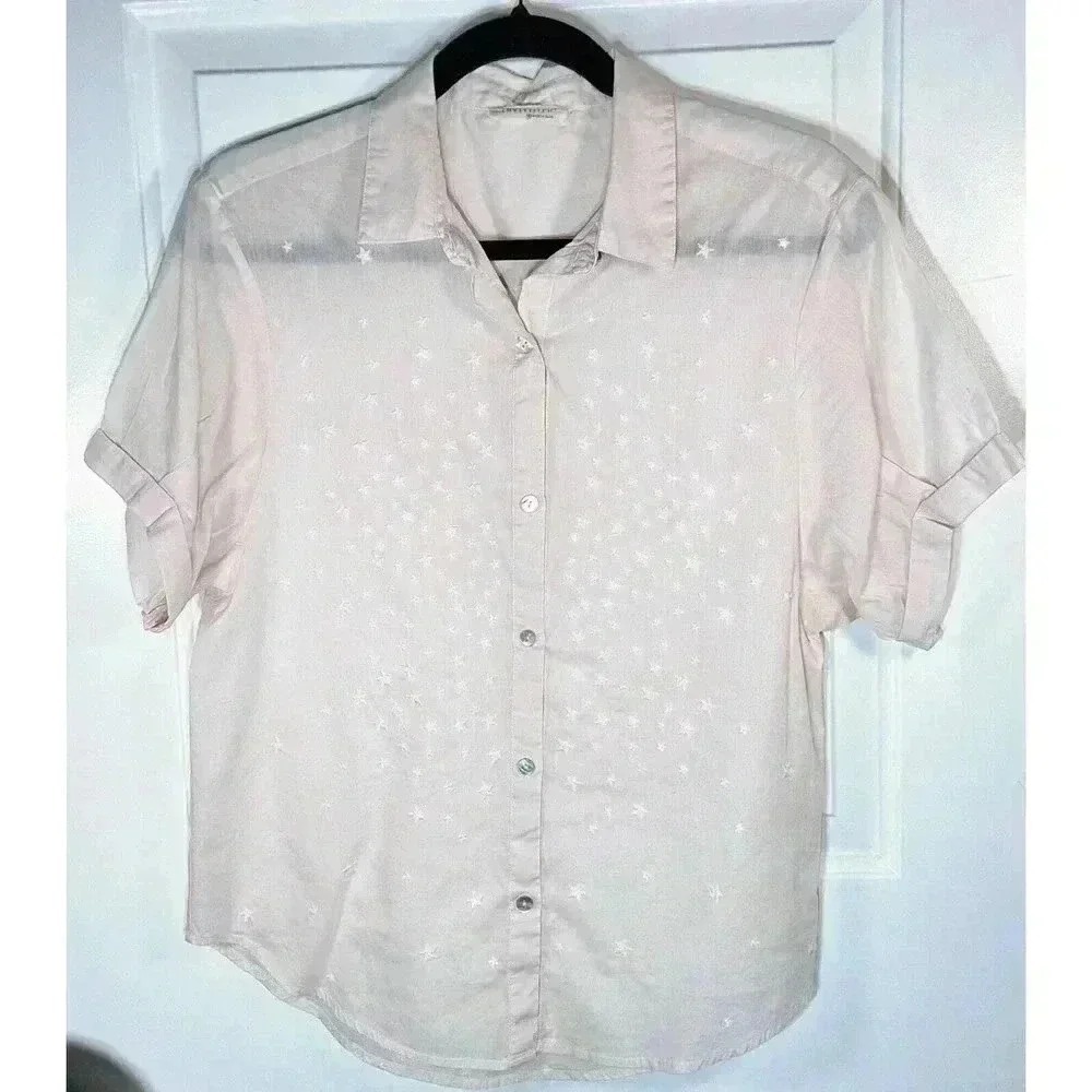 Lovestitch Womens Blush Pink Star Embroidered Cotton Short Sleeve Shirt Small‎